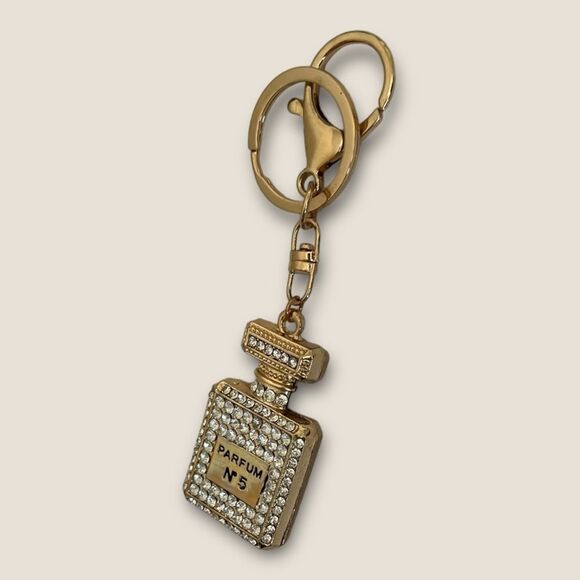 Perfume bottle keychain clear rhinestones & gold tone - Picture 1 of 3